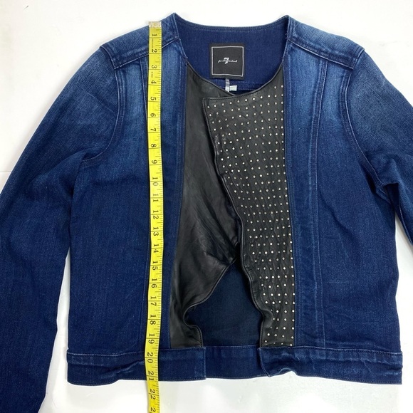 7 for All Mankind Studded Leather Open Front Denim Jacket Blue & Black Size L - Picture 8 of 8